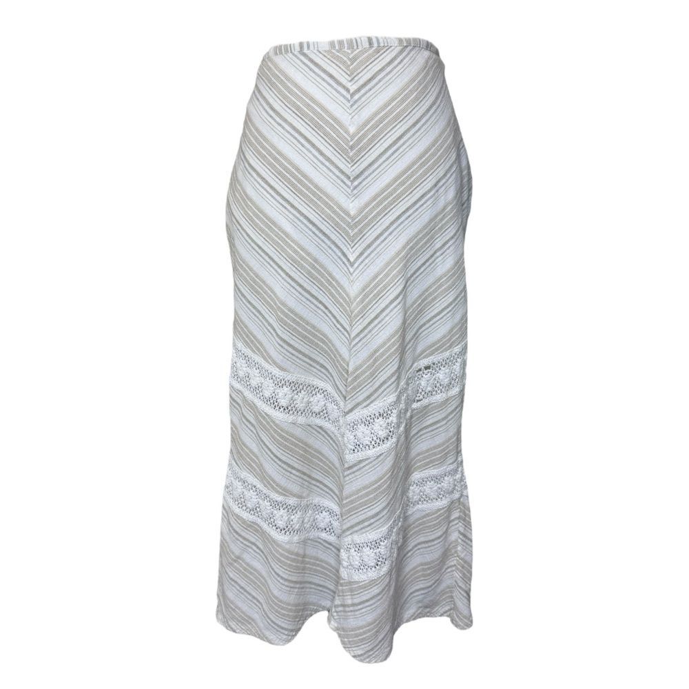 Prana Stripe White + Khaki Linen Maxi Skirt + Lace Crochet Details Size 12